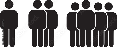 Group of people icons showing one two and five person silhouettes isolated on white background