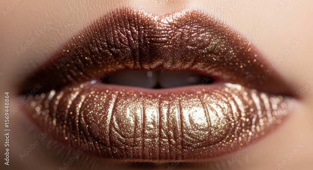 Fototapeta premium Close-up of glittery metallic bronze lips with glossy finish