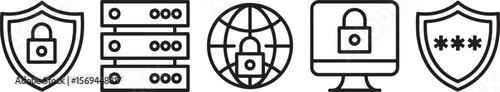 Cybersecurity icons featuring shields servers globe and computer security silhouette isolated on white background