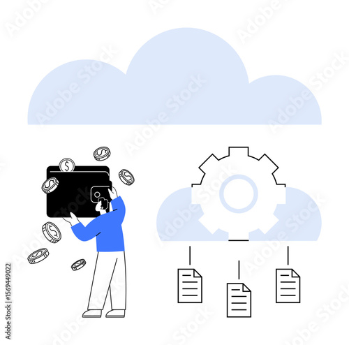 Person holding wallet with coins evoking financial management, cloud symbol signifying storage, cogwheel for process optimization, and files for documentation. Ideal for finance, tech, cloud storage