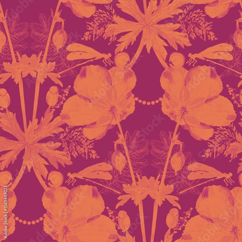 Wild flowers seamless pattern on dark background pink on blue fuchsia silhouette vintage contour cutout figure outline a shadow