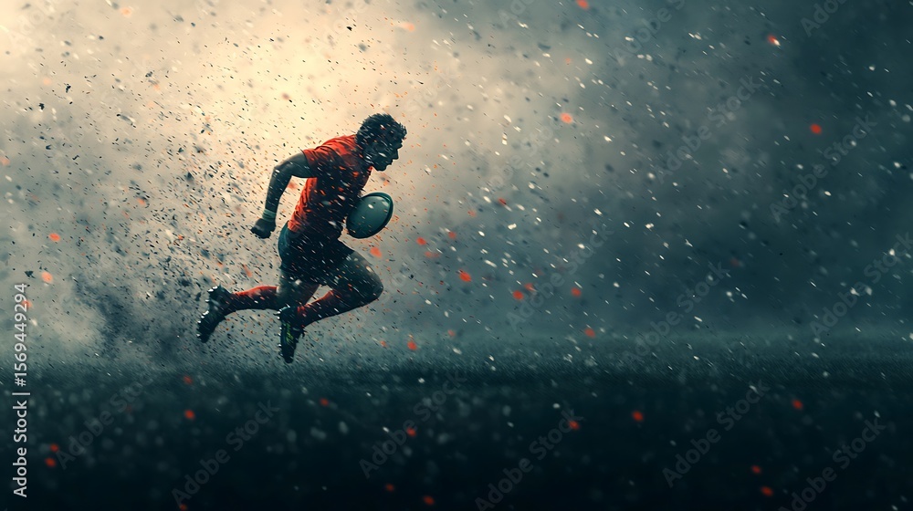 Naklejka premium Rugby Player Running Through Stormy Debris