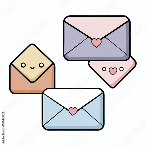 Three smiling envelopes in soft tones, combining affection and communication.