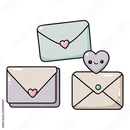 Three colorful envelopes with heart and smiley face, symbolizing positive conversation and affection.