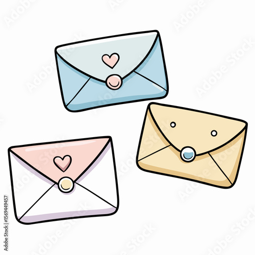Set of pastel envelopes with heart icons showing emotional messages and connection.
