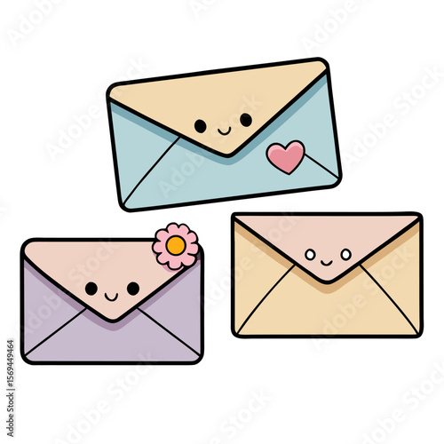 Cute envelopes with smiling faces and hearts, showing fun and cheerful communication.
