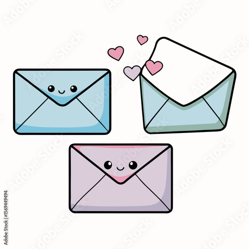 Three cute cartoon envelopes with hearts, showing emotion and conversation.