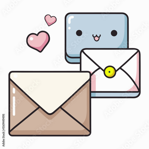 Cute smiling envelopes with hearts, representing friendly mail and happy communication.