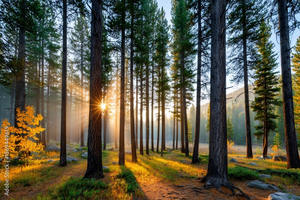 Obraz premium Sun shining through trees in autumn forest at sunrise