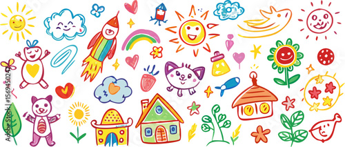 Fun and colorful crayon drawing of cats, dogs, rainbow, and house with playful sun and heart shapes, childlike art style.