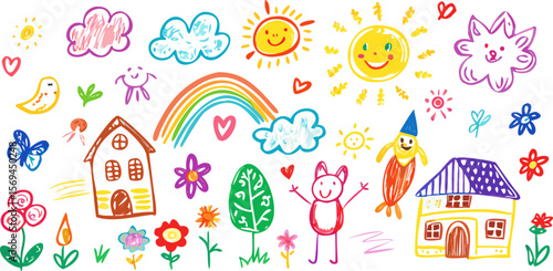 Childlike crayon doodle of rainbow, sun, clouds, smiling people, and nature, great for playful themes or school materials.