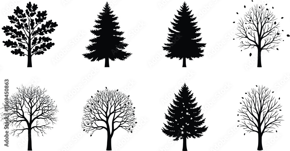 Fototapeta premium A collection of tree silhouettes is isolated on white background