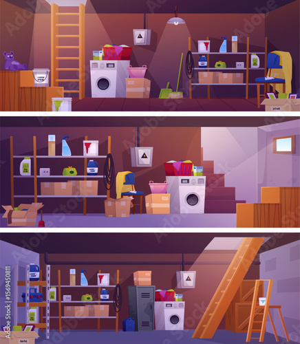 Basement room interior vector flat illustrations set, cartoon storage home cellar with stairs, old furniture and stuff