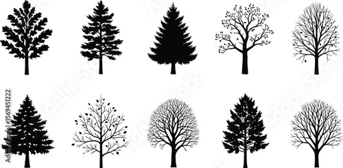 Various tree silhouettes are displayed against a white background