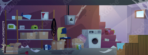 Abandoned dark basement room interior with cobwebs and scattered trash, dirty storage home cellar vector illustration