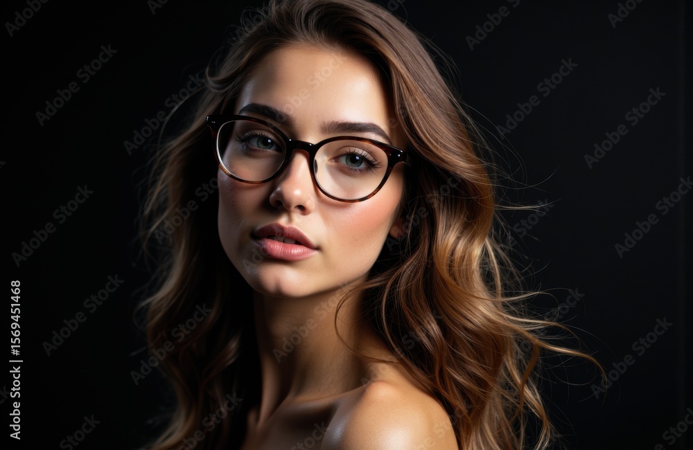 Fototapeta premium Close-up portrait of a young woman with wavy brown hair and glasses against a dark background