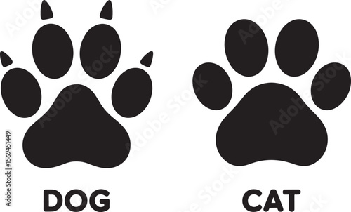 Black dog and cat paw print silhouettes isolated on white background
