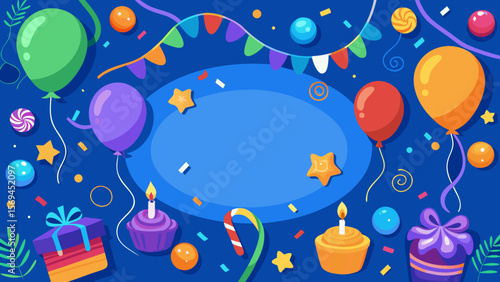 Festive birthday celebration with balloons gifts cupcakes and confetti on blue background