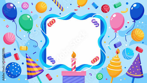 Festive birthday celebration background with balloons confetti and party hats