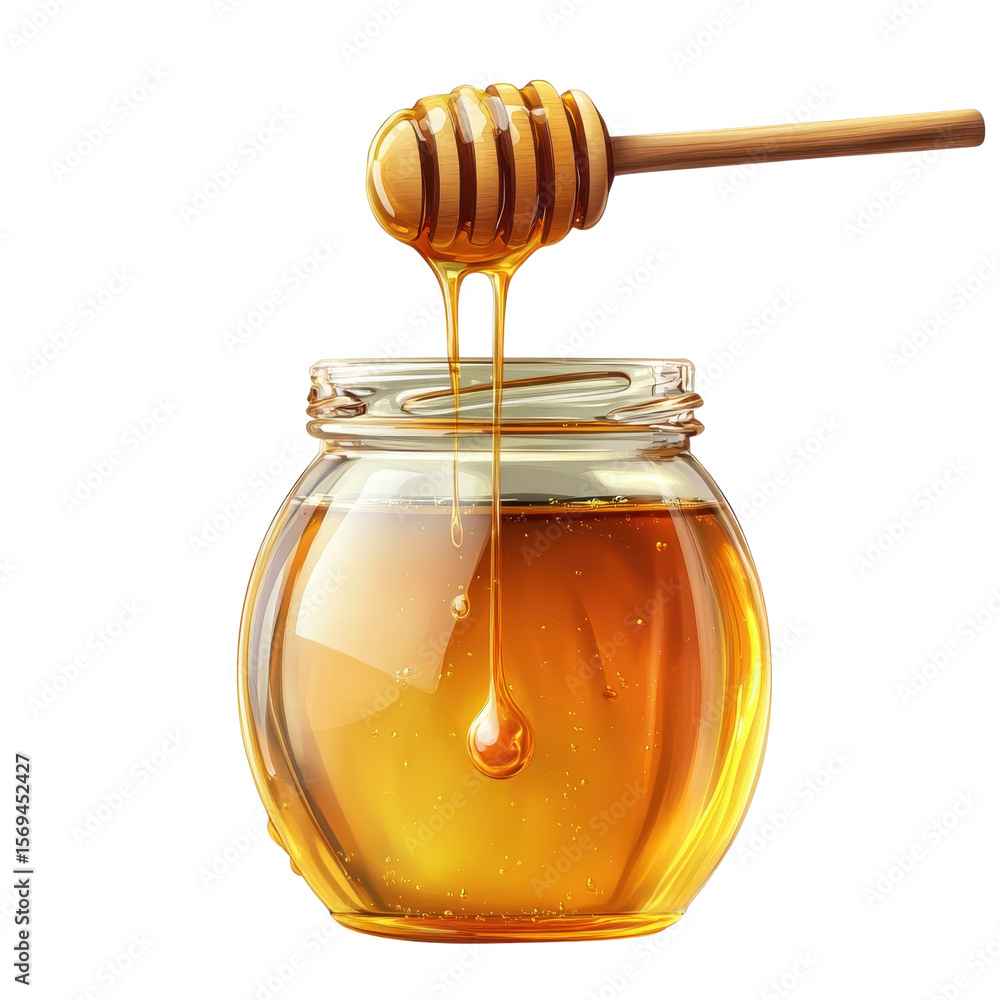 Glass jar with honey dripping from a wooden dipper isolated on transparent background. Glass jar with honey dripping from a wooden dipper isolated on transparent background.
