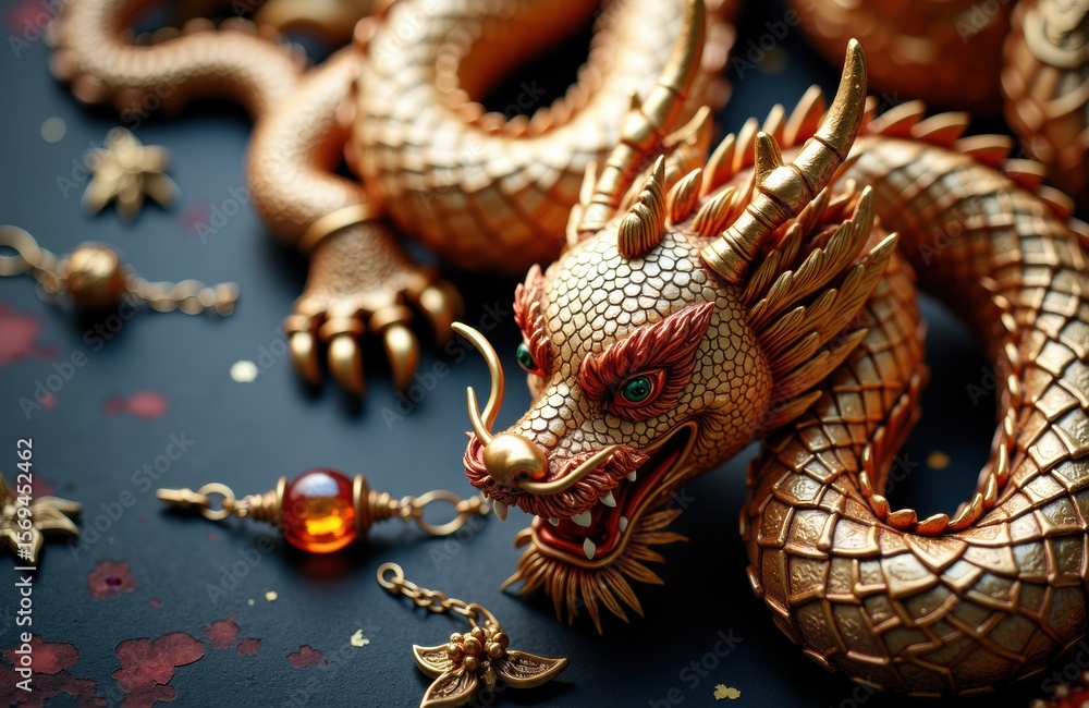 Obraz premium Ornamental dragon jewelry with intricate details and vibrant colors on a dark background