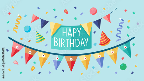 Festive happy birthday banner with colorful bunting flags and confetti