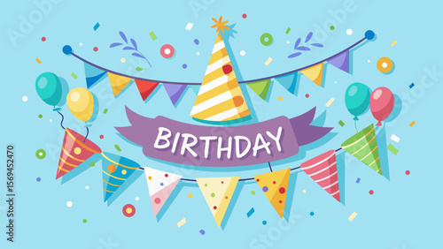Festive birthday banner with balloons party hats and confetti on blue background