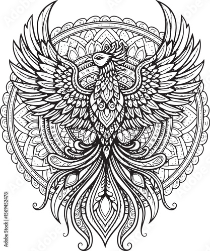 Detailed black and white phoenix mandala art perfect for coloring and design projects