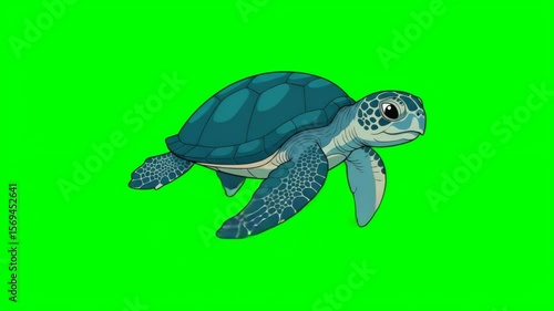 Blue Shelled Turtle Swimming in an Animated Style on a Solid Green Background green screen