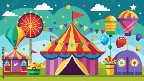 Vibrant carnival scene with circus tent ferris wheel and hot air balloons