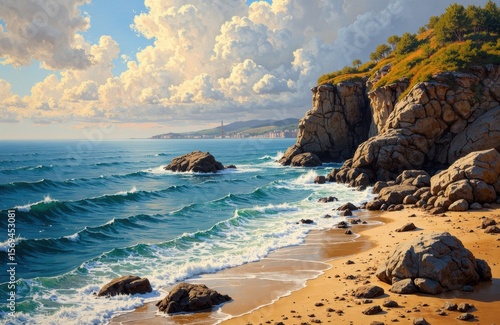 Sunlit coastal beach with rocky cliffs and gentle waves crashing onto sandy shore
