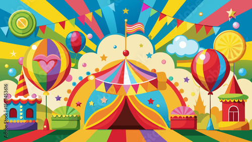 Vibrant and colorful circus tent with balloons and festive decorations