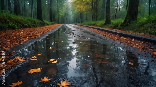Wet road through a forest with fallen leaves reflecting the trees and sky after rainfall in autumn
