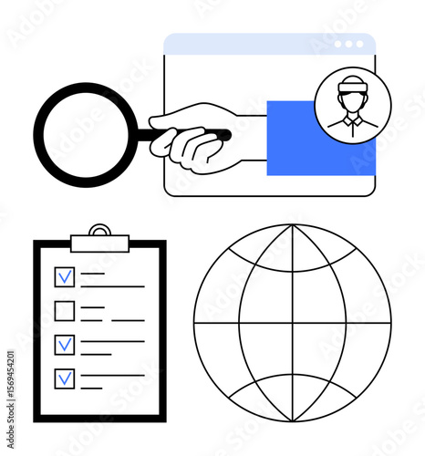 Hand with magnifying glass over a browser window, user icon, clipboard with checklist, and globe outline. Ideal for research, evaluation, recruitment, planning, organization global access