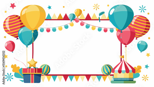 Festive birthday party frame with balloons circus tent and gifts