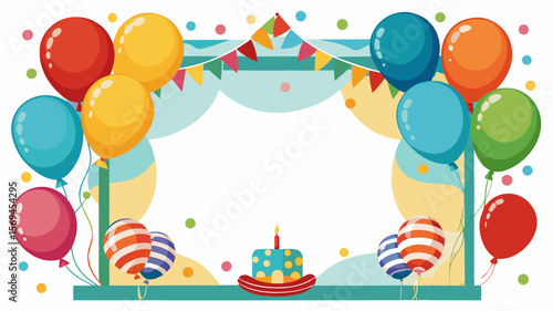 Festive birthday frame with balloons and cake decoration