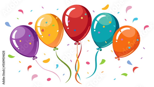 Brightly colored balloons floating with confetti for celebrations and parties