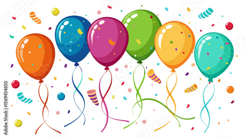 Brightly colored balloons and confetti celebrate a festive occasion