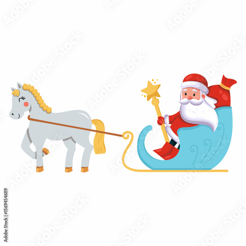Santa Claus or Russian Father Frost rides sleigh on horse. Vector illustration for New Year. Cartoon style character.