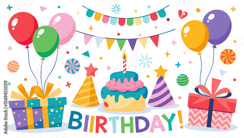 Colorful birthday celebration with cake balloons gifts and party hats