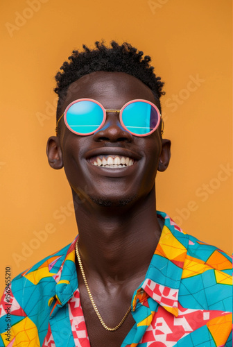 Smiling Young Black Man Wearing Colorful Shirt and Reflective Sunglasses on Vibrant Orange Background