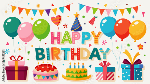 Festive happy birthday celebration with balloons cakes and gifts