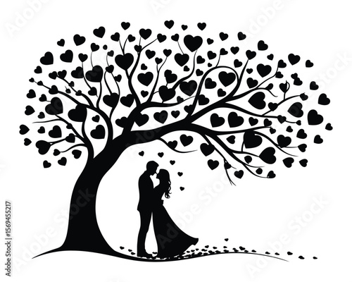 Couple Embracing Under Decorative Tree – Minimalist Black Silhouette Design

