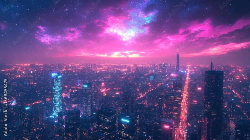 Fototapeta premium Cityscape at dusk, vibrant colors, digital art