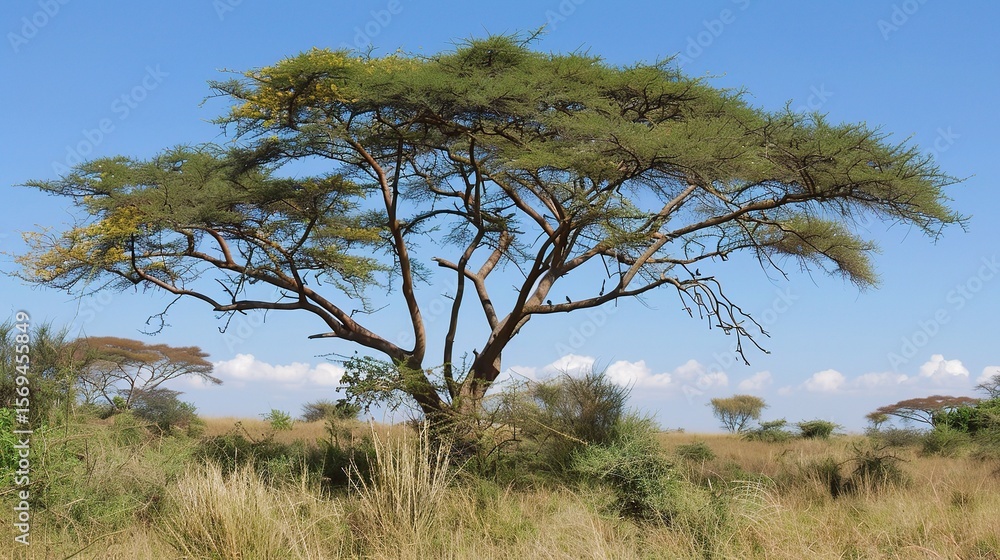 Close-up of an acacia tree with delicate yellow flowers clustered on branches, showcasing its feathery green leaves, thorny stems, and graceful canopy in a savanna, garden, or park setting under sunli Close-up of an acacia tree with delicate yellow flowers clustered on branches, showcasing its feathery green leaves, thorny stems, and graceful canopy in a savanna, garden, or park setting under sunli