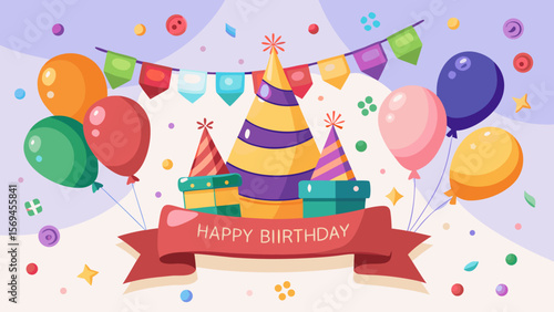 Festive birthday celebration with balloons party hats and gifts