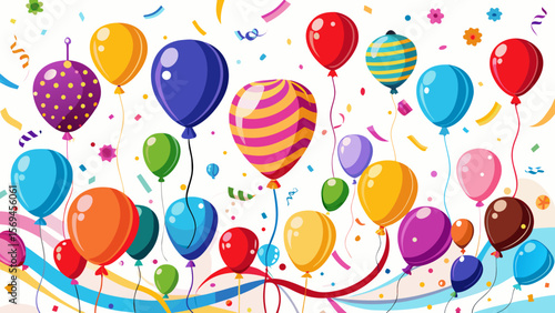 Colorful balloons and confetti celebrate a festive party occasion