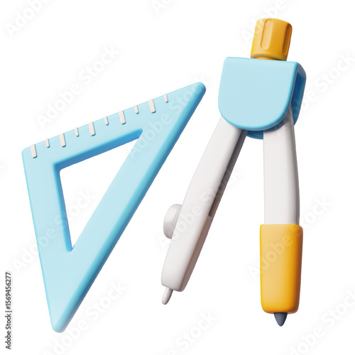 3D plastic tool set with triangle ruler and compass, in blue and orange colors.