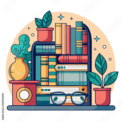 Cozy Library Line Art – Books & Reading Glasses PNG (Transparent Background)