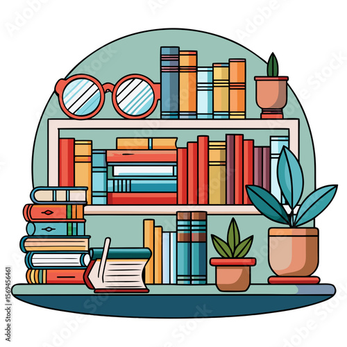 Cozy Library Line Art – Books & Reading Glasses PNG (Transparent Background)
